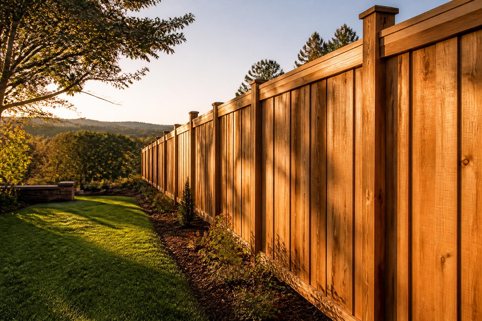 Newly installed cedar privacy fence at golden hour in a Northwest Arkansas backyard